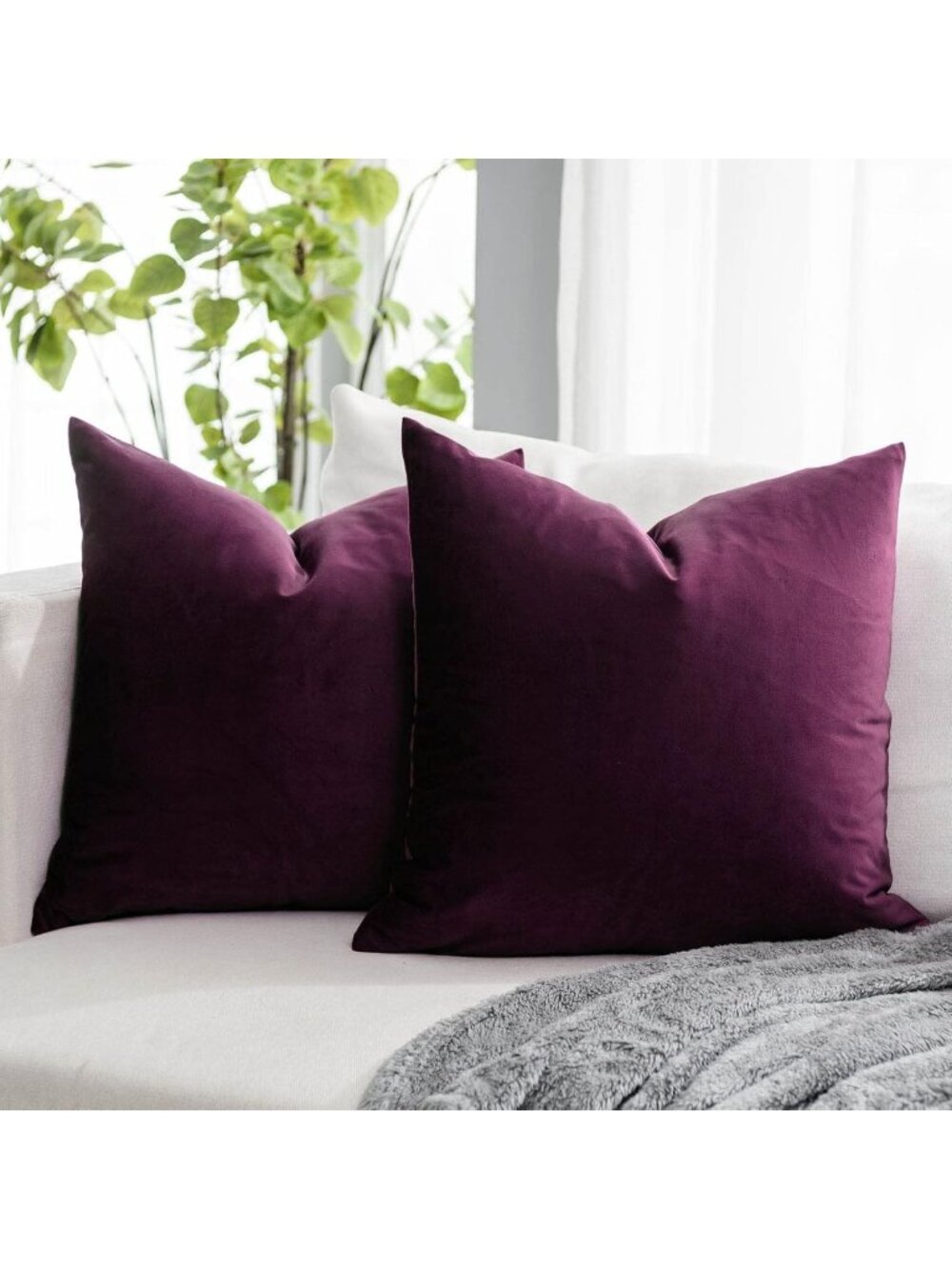 Luxury Eggplant Purple Velvet Throw Pillow Covers 20x20 Set of 2 - Soft Zippered